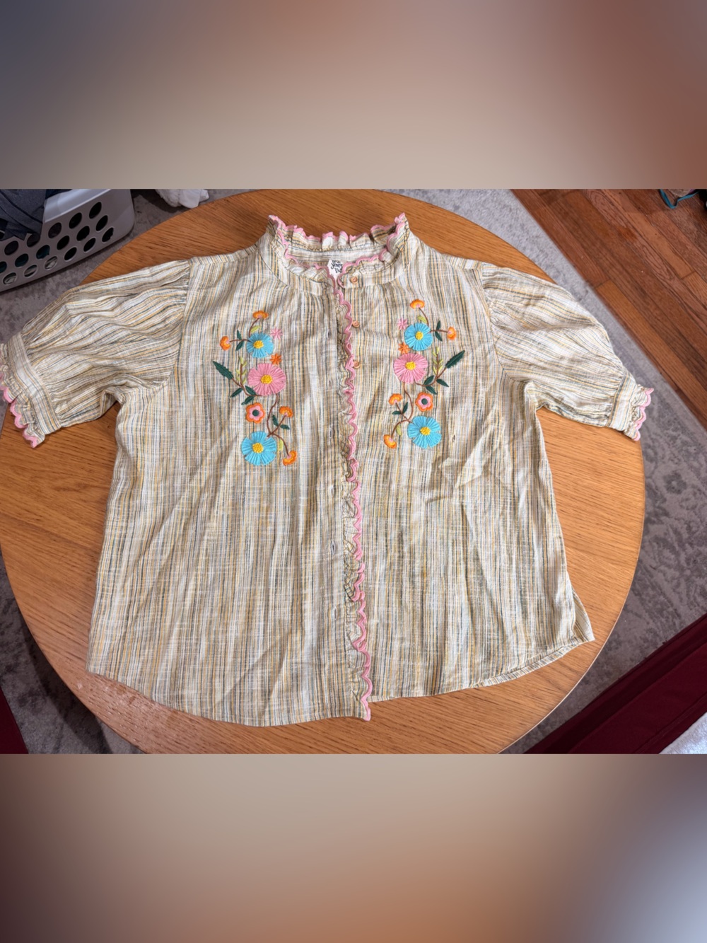 ivy jane Beige Striped Button-DownTop with Pink & Blue Floral Embroidery. Defect